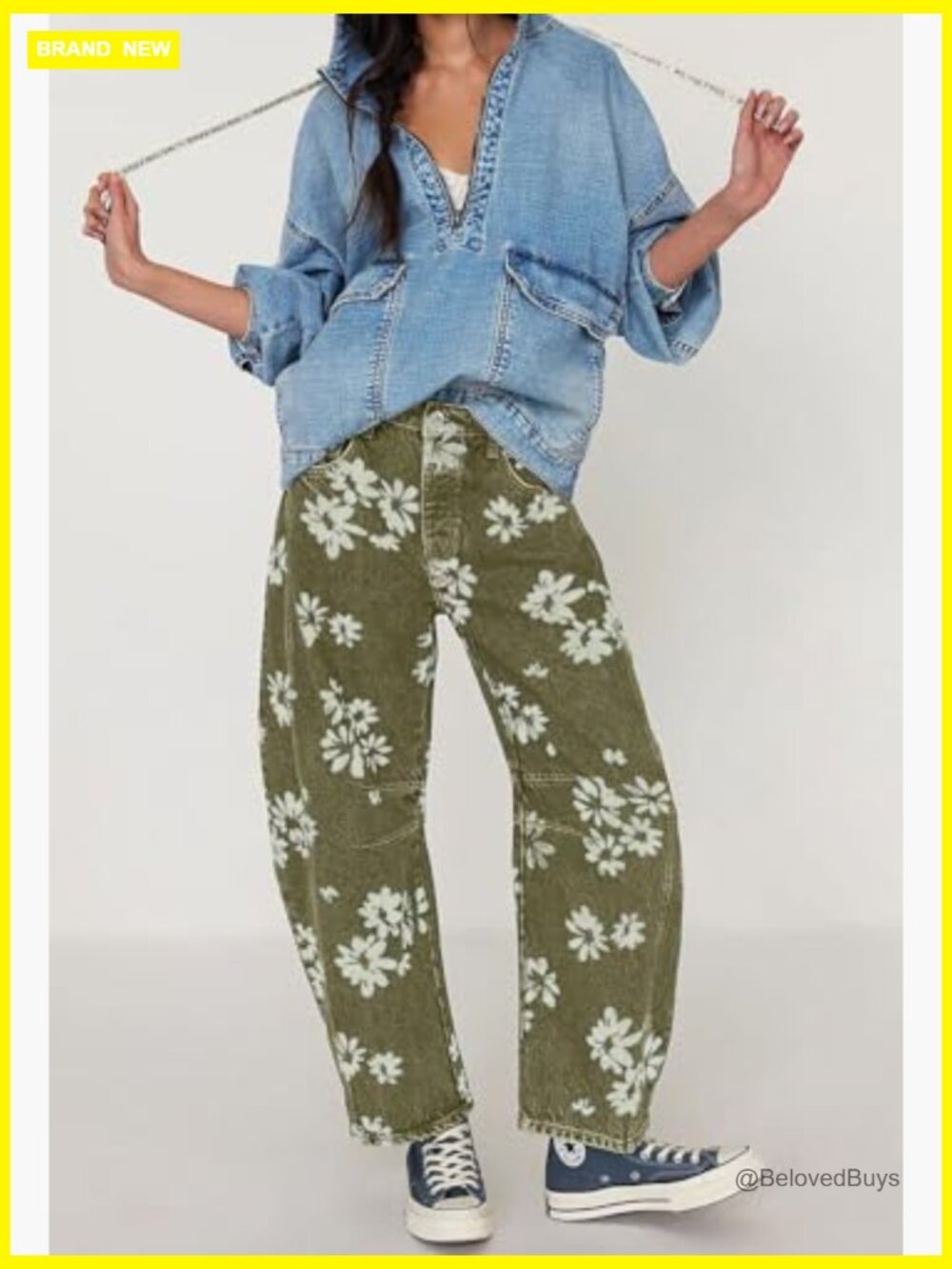 Y2k Distressed Barrel Jeans Baggy Wide Leg Floral Printed Boyfriend Patchwork - Picture 4 of 7